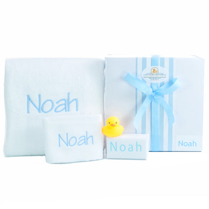 boys personalised bath towel set personalised gift box baby blue with rubber bath ducky and goats milk baby soap