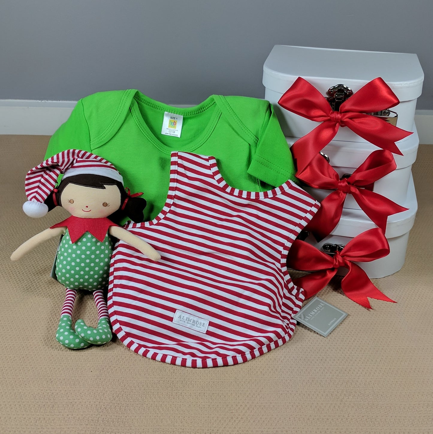 girls first Christmas baby hamper Elf doll baby suit bib