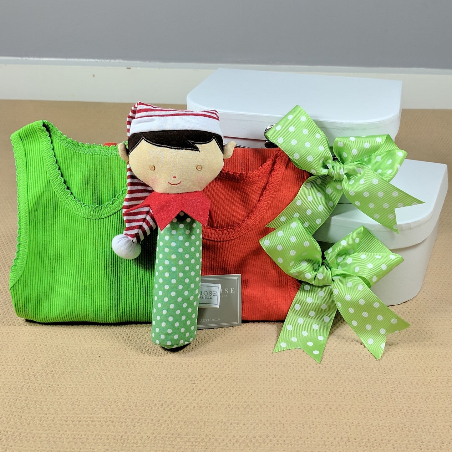 baby boy First Christmas hamper Elf, baby Rattle singlets