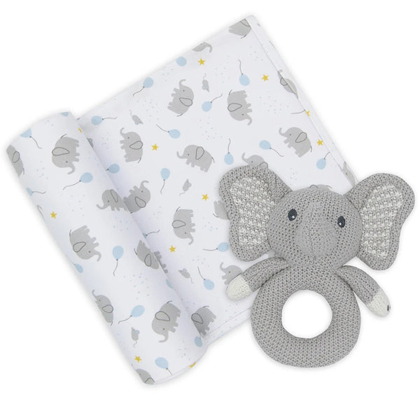 Mason Elephant Jersey Wrap Rattle Set