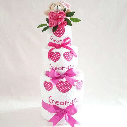 Personalised Baby Girl Heart Towel Nappy Cake