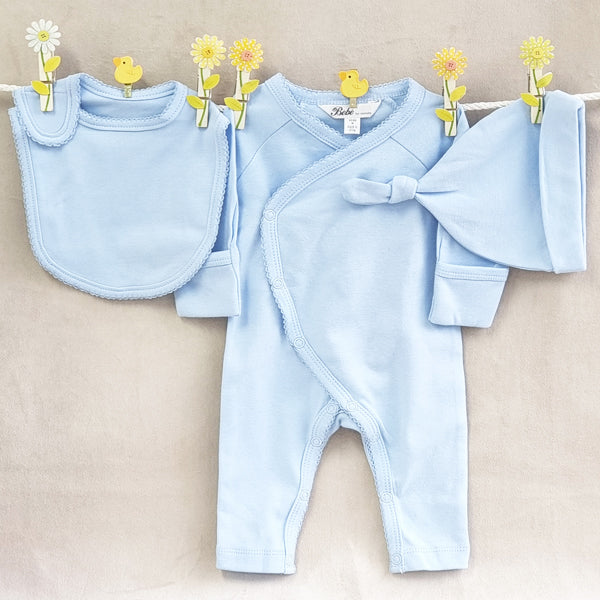 Organic baby boy blue quality clothing set with long sleeve suit, bib and beanie.