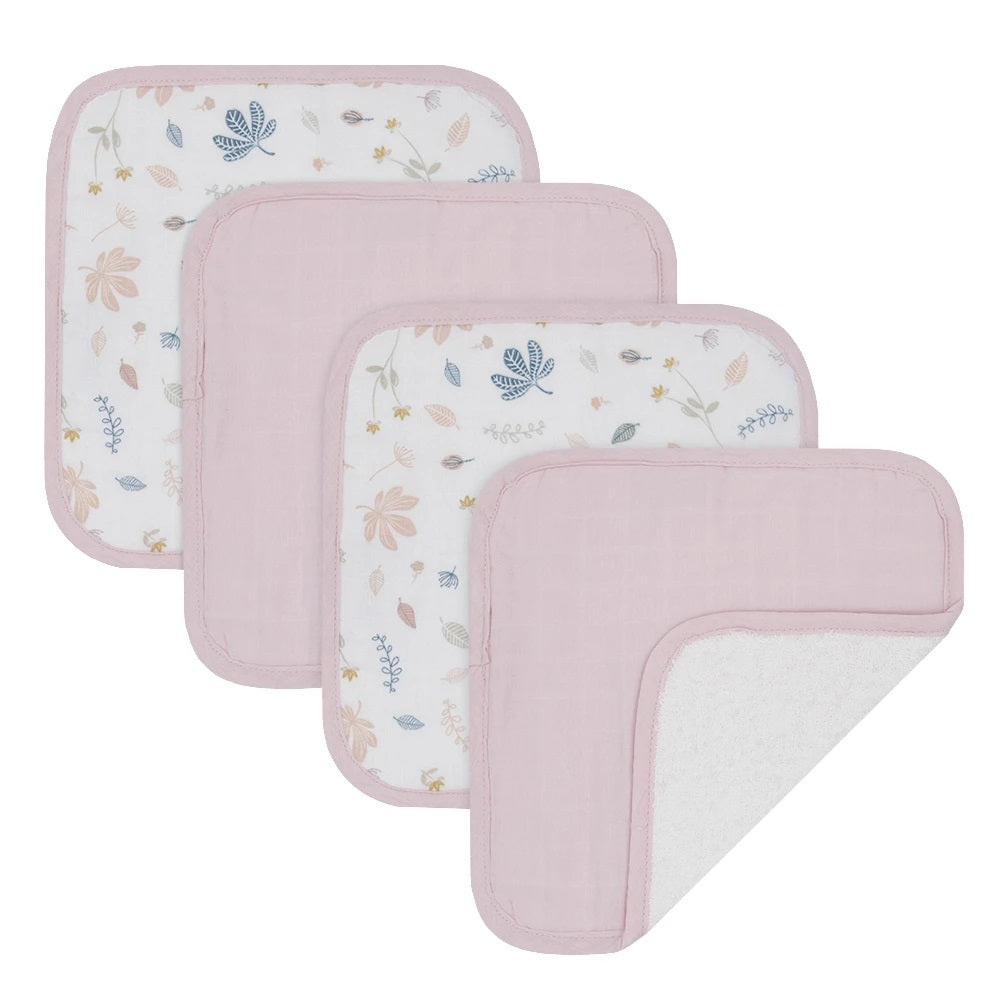 4 Organic Muslin pink face cloths with botanical leaf design.