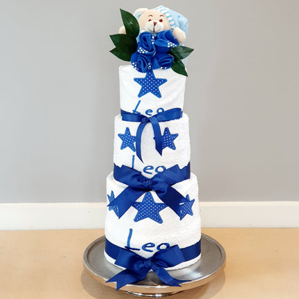 Personalised Baby Boy Star Towel Nappy Cake Royal Blue|#1846db