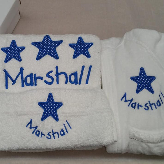 boys personalised bath towel & robe set embroidered with royal blue stars and baby's name