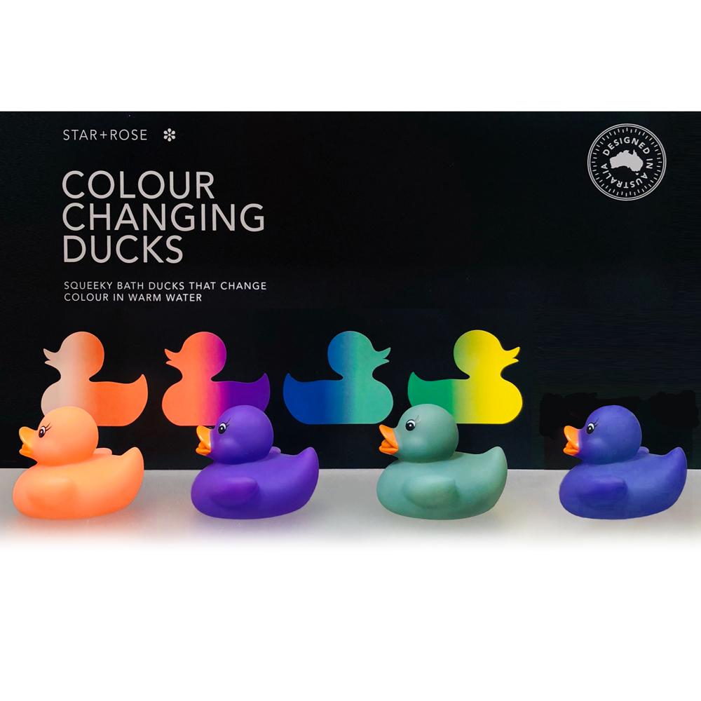 four colour changing bath ducks assorted colours. colours change in warm water. baby bath toy rubber duck