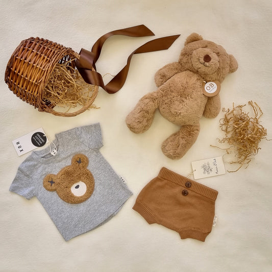 organic baby gift with teddy bear and teddy desin t shirt and knitted pants