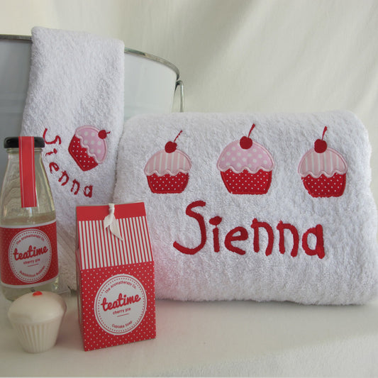personalised bath towel gift set cup cake design applique`