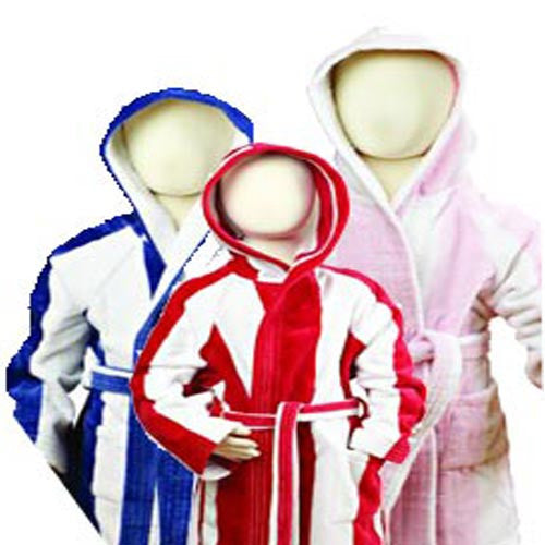 stripey kids beach / bath robes pink, royal blue and red
