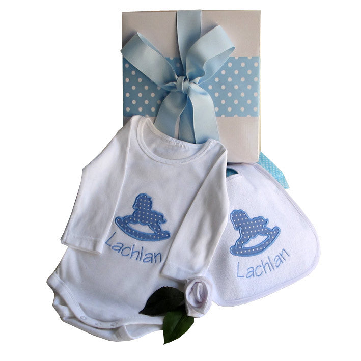 personalised baby boy gift box rocking horse design body suit and bib