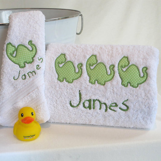 personalised bath towel set dinosaur applique` gift boxed
