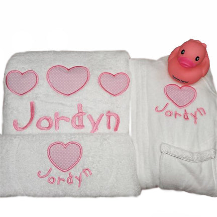 baby girls personalised bath towel & robe set embroidered with pink hearts and personalised with baby's name