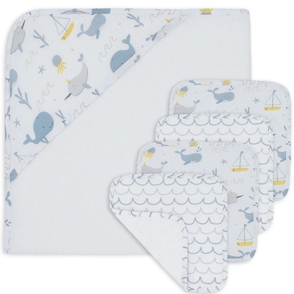 Big Blue Whale Baby Boy Hooded Bath Towel Set