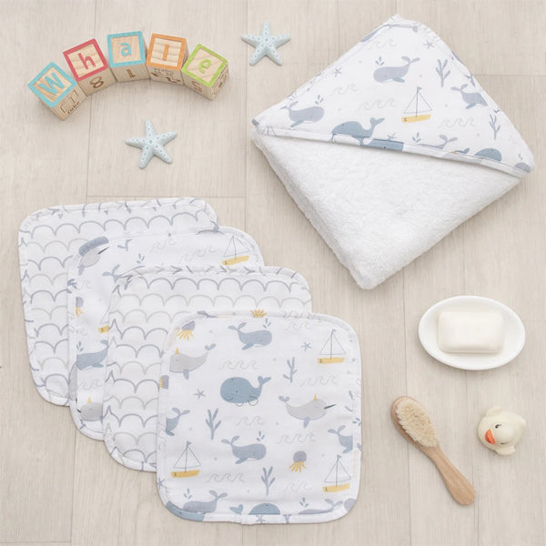 Big Blue Whale Baby Boy Hooded Bath Towel Set