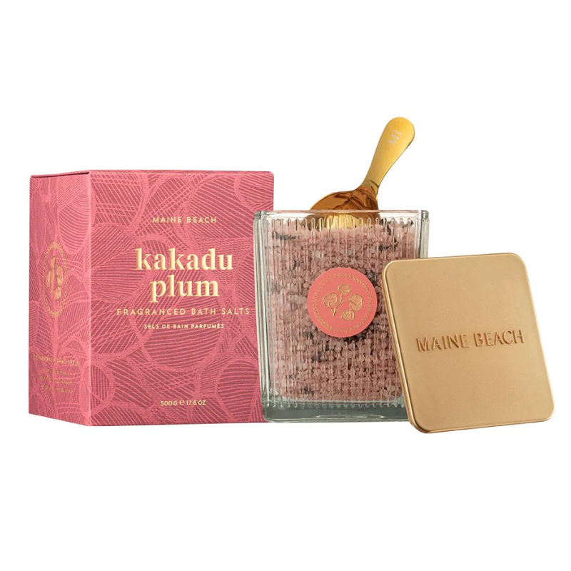 Maine Beach Kakadu Plum bath salts set with pink packaging and gold scoop on a white background