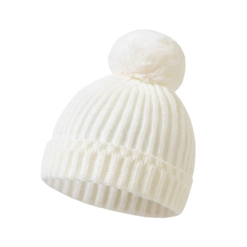 White knit hat with pom-pom on a white background