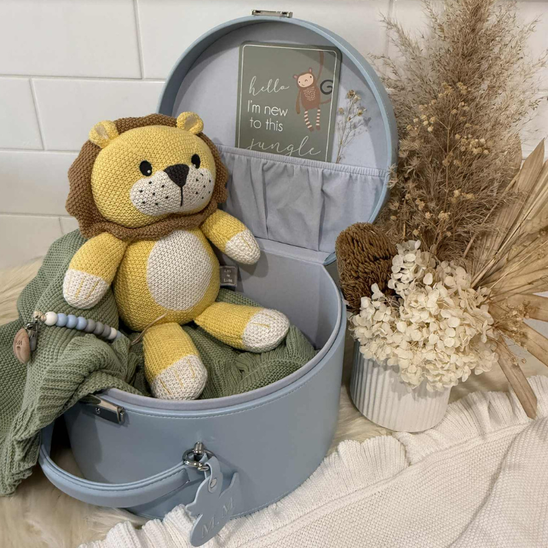 Knitted lion toy in a gray suitcase with decorative elements on a light background