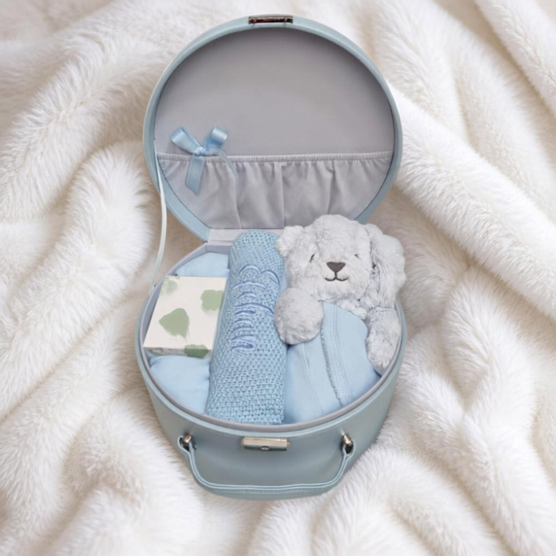 Blue personalised bunny and blanket presented in a blue baby keepsake gift box