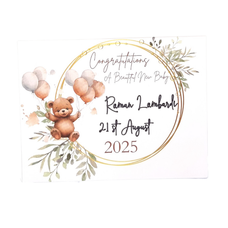 Baby shower invitation with teddy bear, balloons, and floral elements on a white background