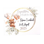 Baby shower invitation with teddy bear, balloons, and floral elements on a white background
