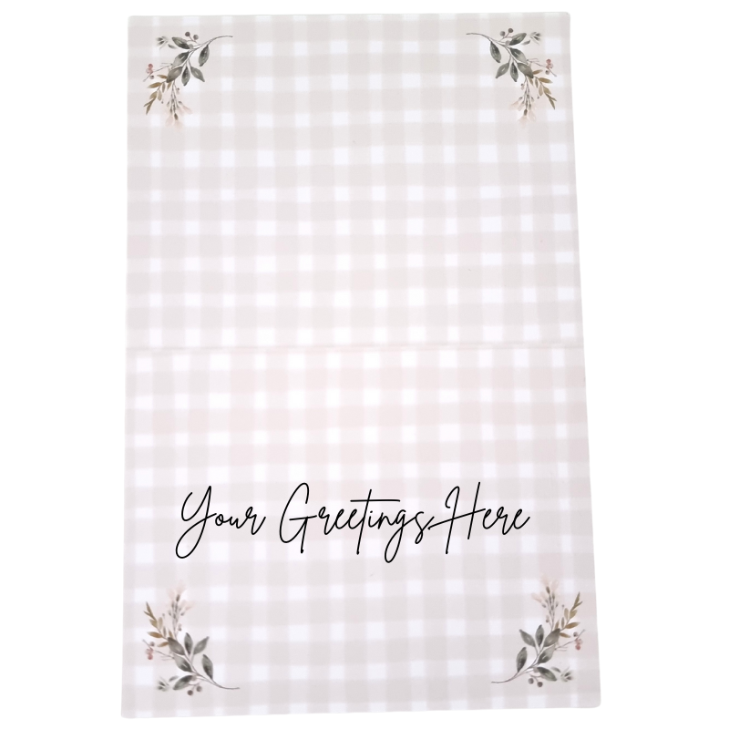 Blank greeting card with 'Your Greetings Here' text on a checkered background