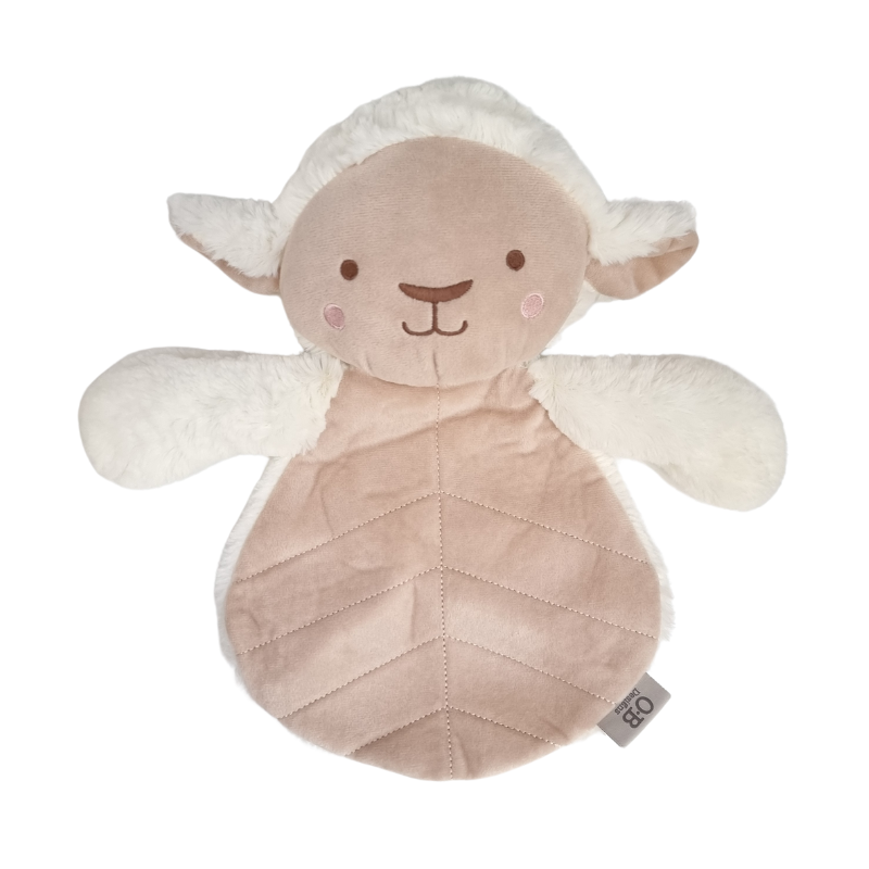 A soft baby comforter in the shape of a lamb with a beige and white color scheme.