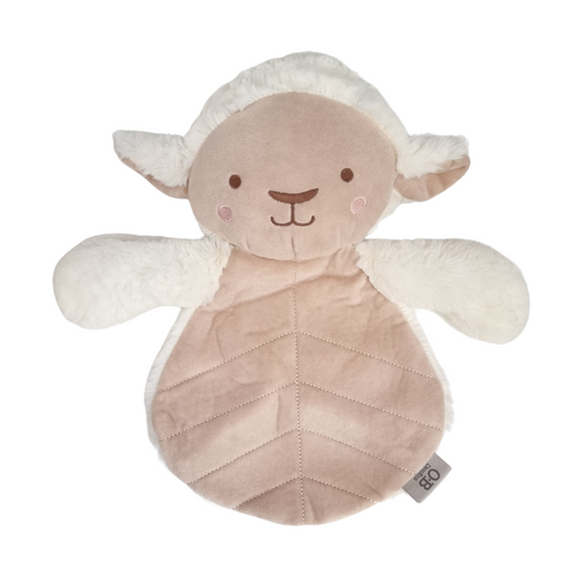 A soft baby comforter in the shape of a lamb with a beige and white color scheme.