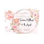 Baby girl birth announcement card with teddy bear, flowers, and balloons on a white background