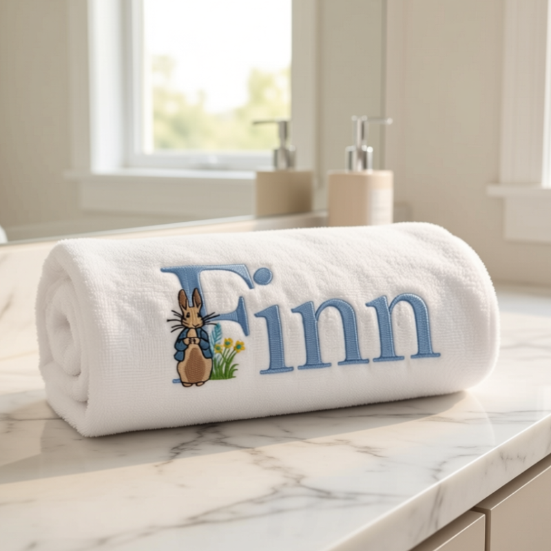 White towel with embroidered name 'Finn' embroidered in baby blue and peter rabbit character design on a marble surface.