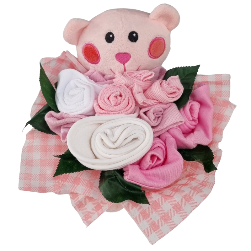 baby hamper bouquet of clothes for girl in a pink teddy box