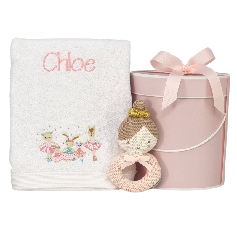 baby bath towel gift hamper with ballerina baby rattle