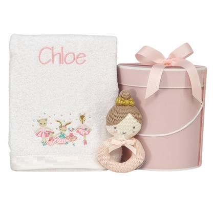 baby bath towel gift hamper with ballerina baby rattle