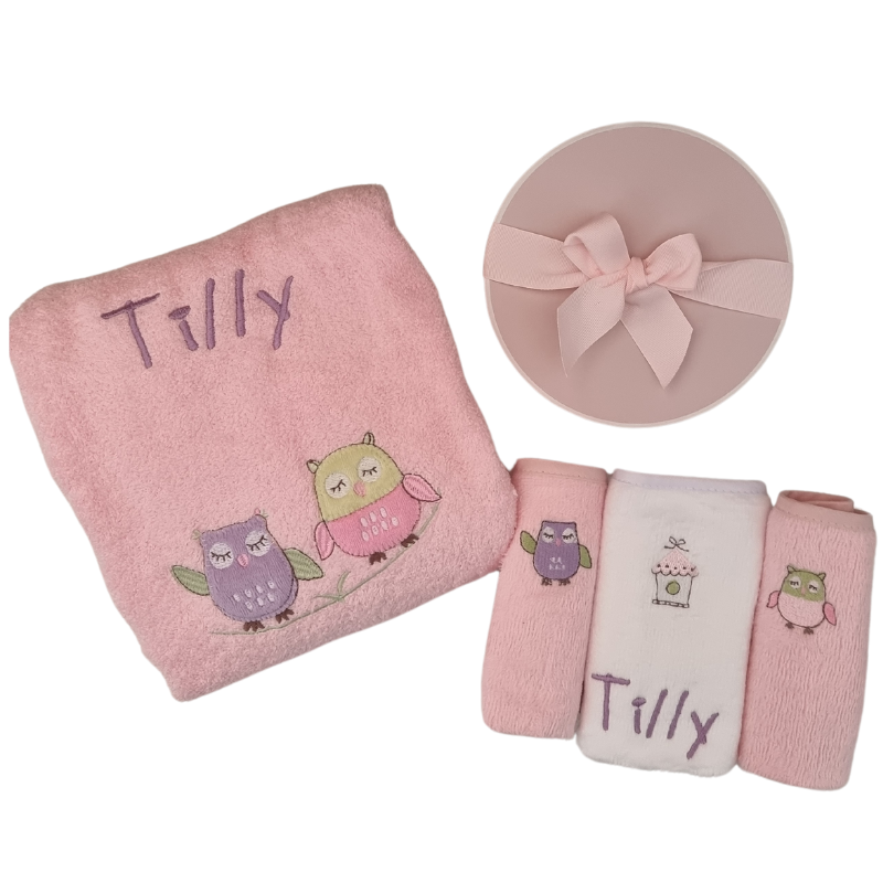 Girls Owl Personalised Baby Bath Towel Hamper