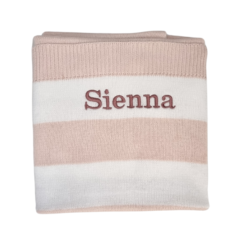 Pre Personalised Knitted Baby Blankets Rose Pink Sienna Stripe 