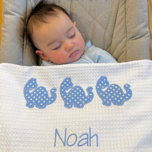 personalised baby blanket with embroidered dinosaur design