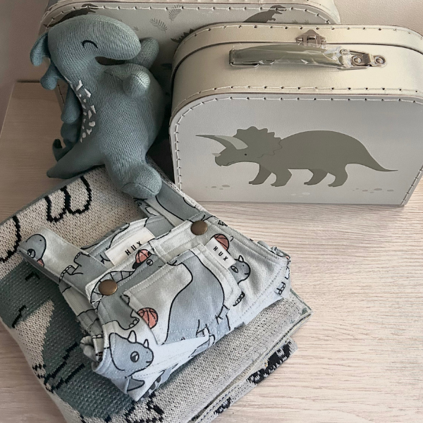 baby gift hamper with huxbaby dinosaur overalls blanket and toy