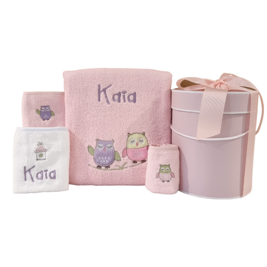 owl design baby girl personalised bath towel hamper pink