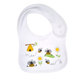 A white baby bib with a bumble bee design, including bees, a beehive, and flowers.