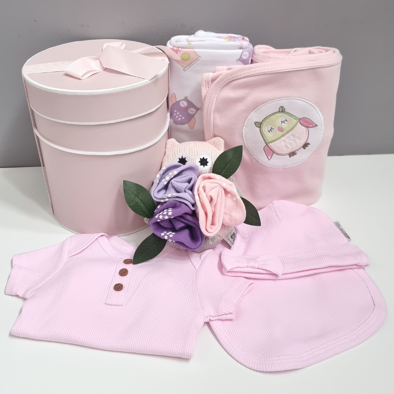 Baby owl design clothing and accessories set with pink hat, onsie, and blankets on a white surface.