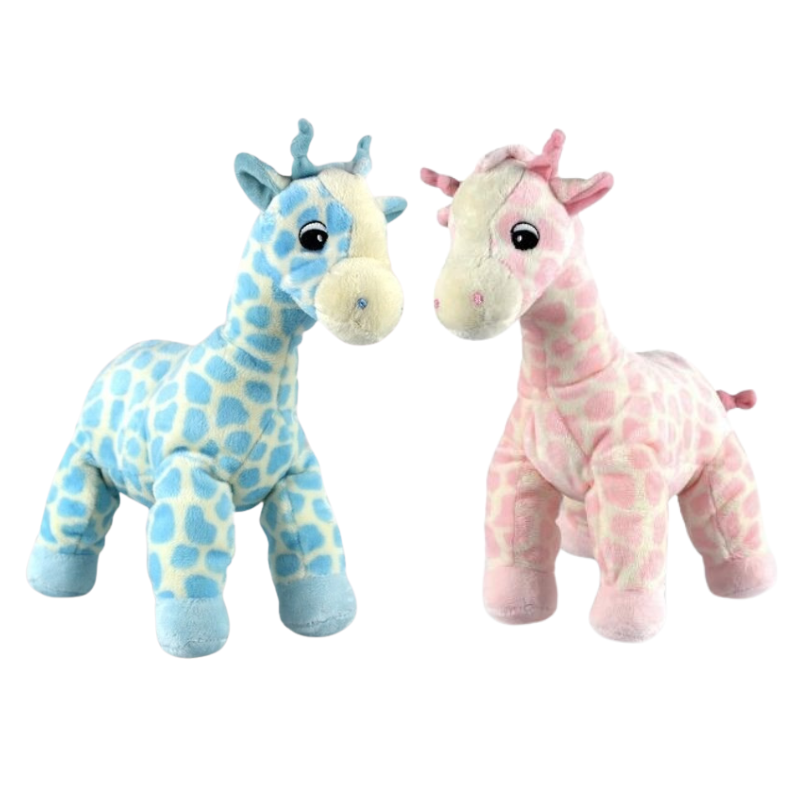 Two plush giraffes, one blue and one pink, on a white background