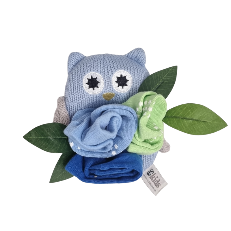 Blue owl-shaped toy with baby sock roses and green leaves on a white background