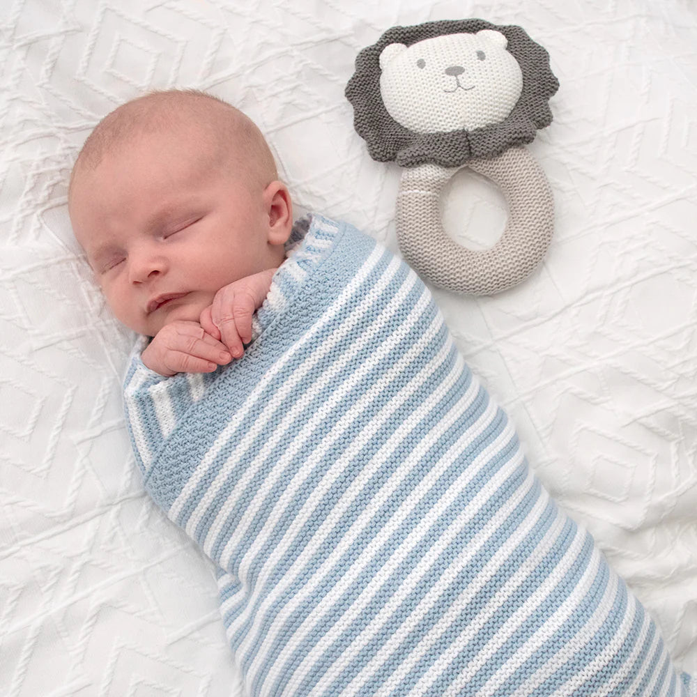 Blue and White Striped 100% Cotton Knitted Baby Blanket