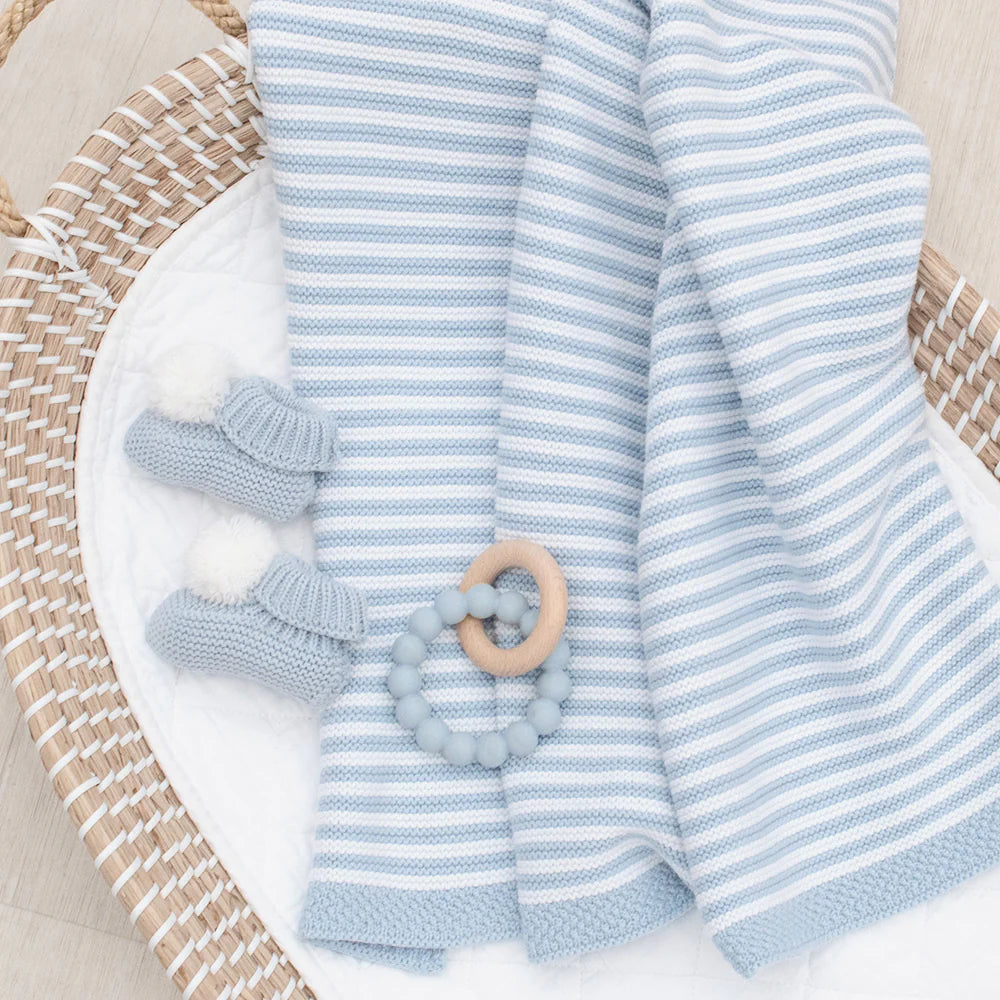 Blue and White Striped 100% Cotton Knitted Baby Blanket