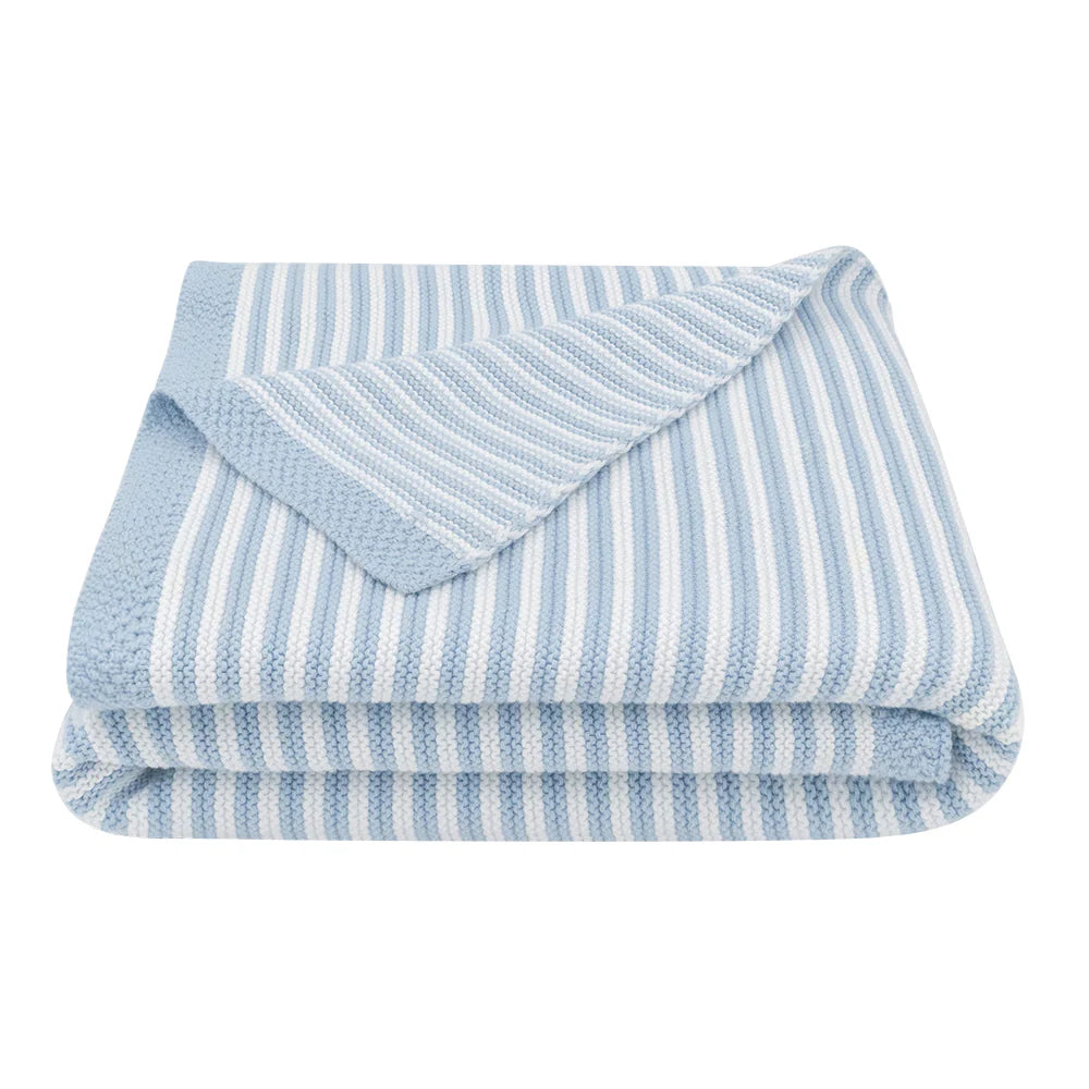 Blue and White Striped 100% Cotton Knitted Baby Blanket 