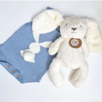 A baby romper with a bunny design, a plush bunny toy, and a keepsake bunny print baby gift hat box.