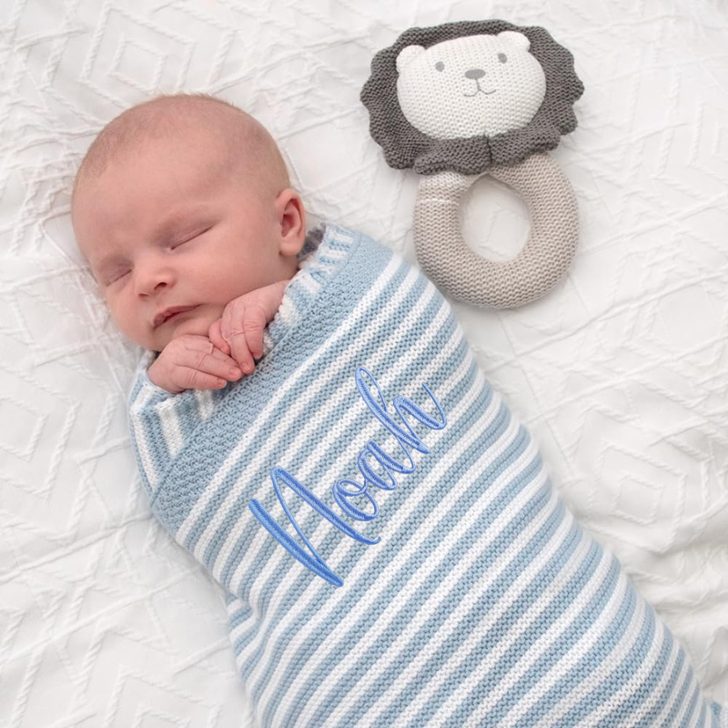 baby blue knitted blanket personalised embroidered