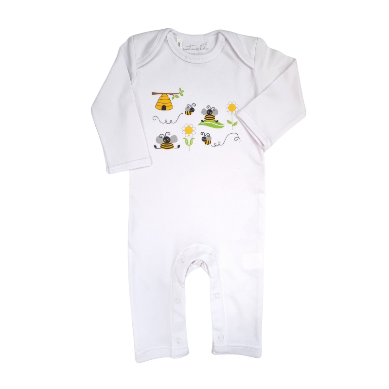 A white baby romper with long sleeves featuring a bumble bee design with a bee hive and bees on the front.