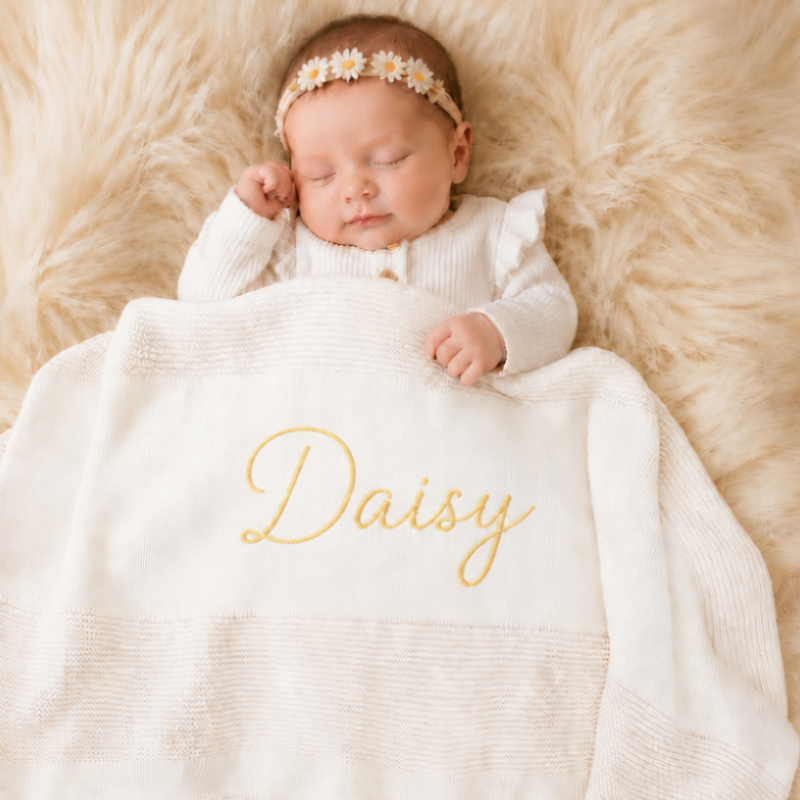 A sleeping newborn baby wrapped in a cream knit blanket with the name 'Daisy' embroidered in gold, resting on a fluffy cream faux fur rug. The baby is wearing a white long-sleeve top and a white daisy headband.