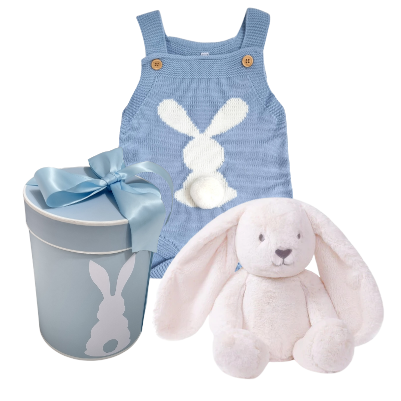 A baby romper with a bunny design, a plush bunny toy, and a keepsake bunny print baby gift hat box.
