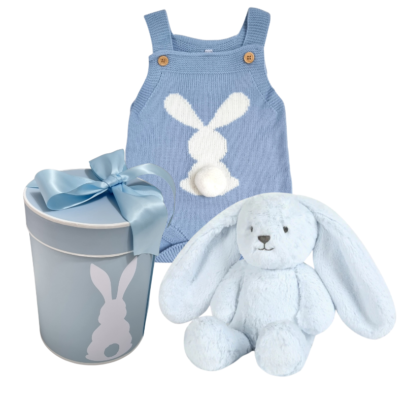 A short summer style knitted baby romper with a bunny design, a plush white and gray bunny toy, and a blue gift box with a bunny print, tied with a blue ribbon.